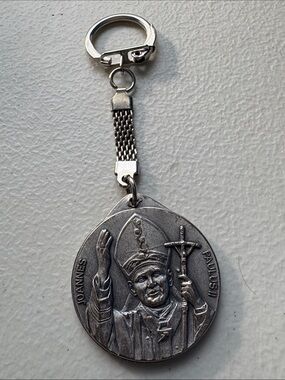 Vtg Roma Silver Religious Medal Keychain with Raised Saint Relief